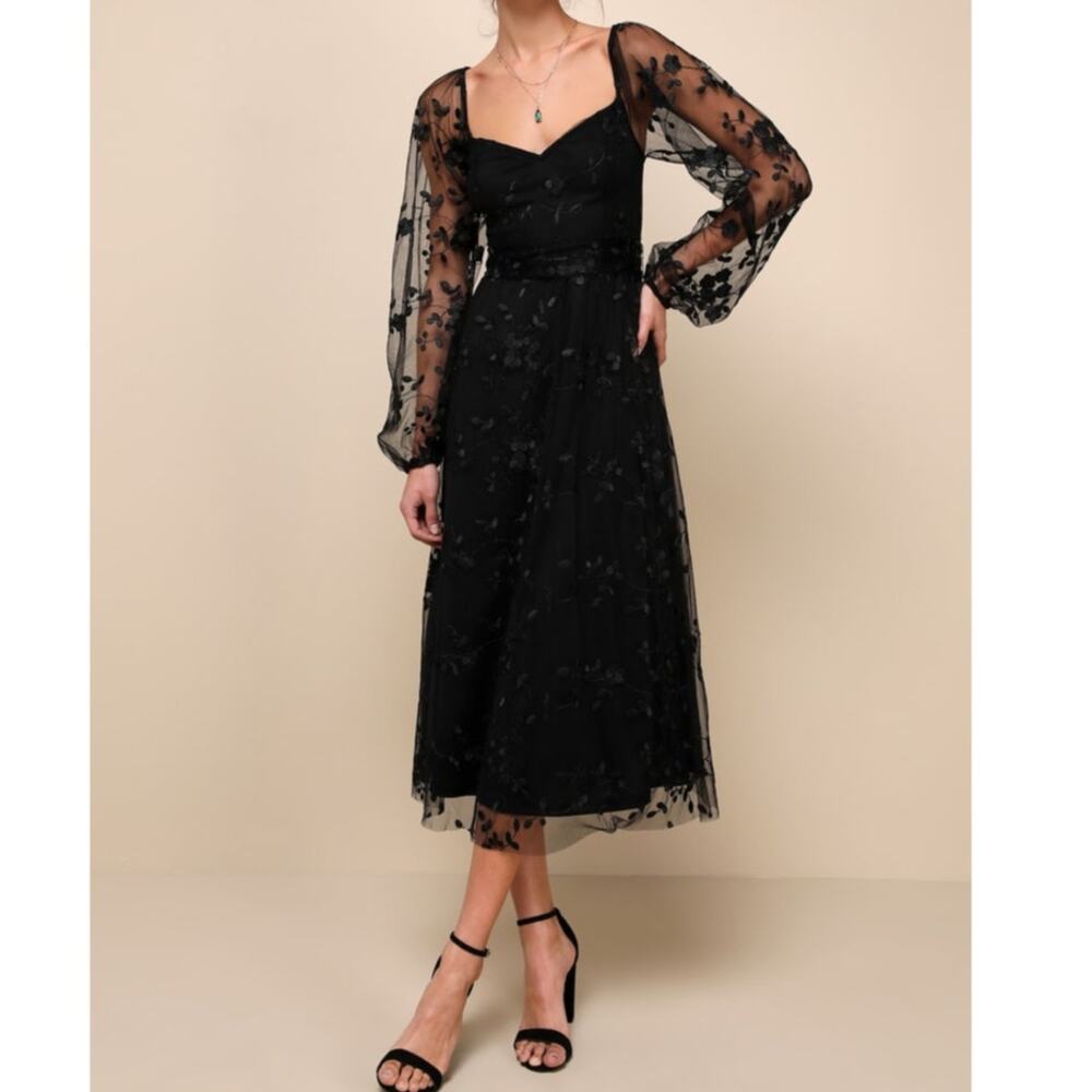 NEW Lulus Darling Charisma Black Mesh Embroidered Balloon Sleeves Midi Dress XS